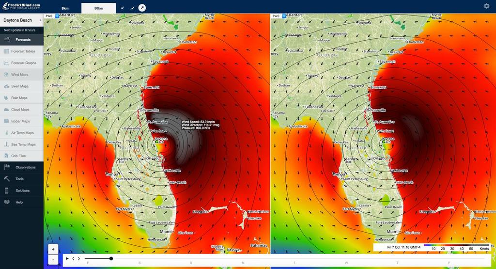 Hurricane Matthew - approaches Jacksonville  - the text box shows a wind speed of 53kts, from 114 with a pressure of 992pa. © PredictWind